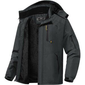 Men's Dark Grey Waterproof Winter Warm Snow Coat Fleece Lined Hiking Ski Jacket